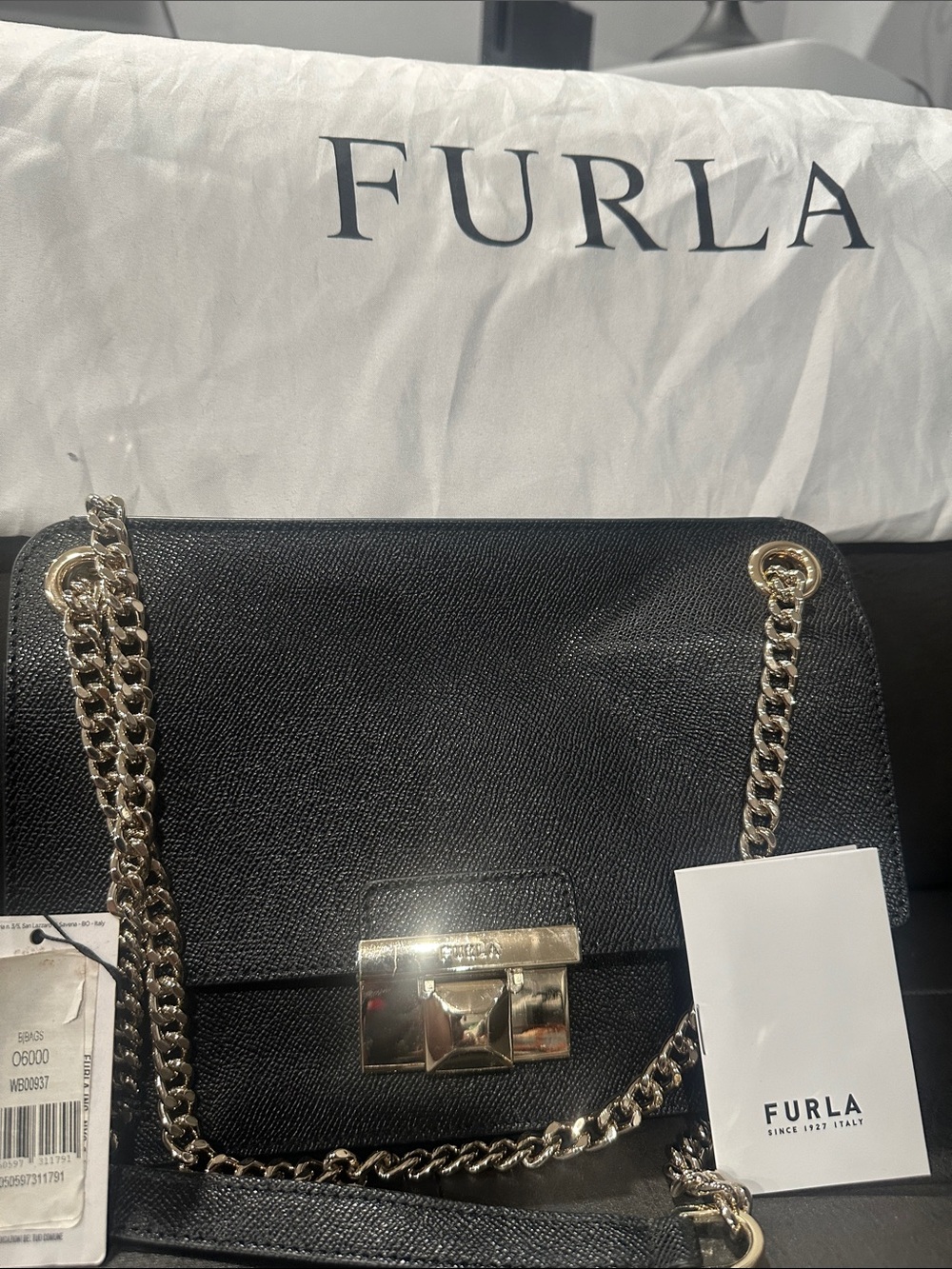 Furla Black Leather Crossbody Bag with Gold Chain